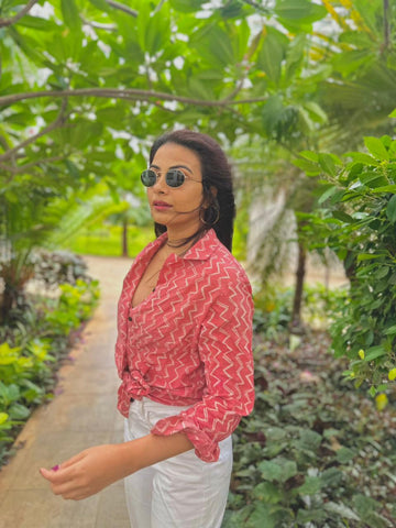 Block Print Women Oversized Shirt with Bralette Combo X Kavya Shetty