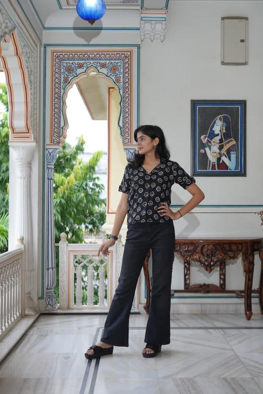 Block Printed  Plus Size Cotton Shirt For Women