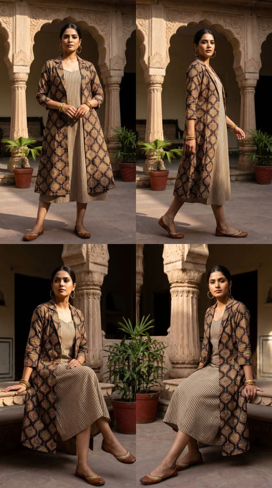 Designer Bagru Hand Block Printed Midi Dress With Shrug