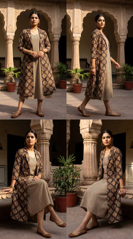 Designer Bagru Hand Block Printed Midi Dress With Shrug