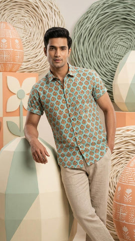 Bagru Print Half Sleeve Handmade Cotton Shirt for Men - Organic