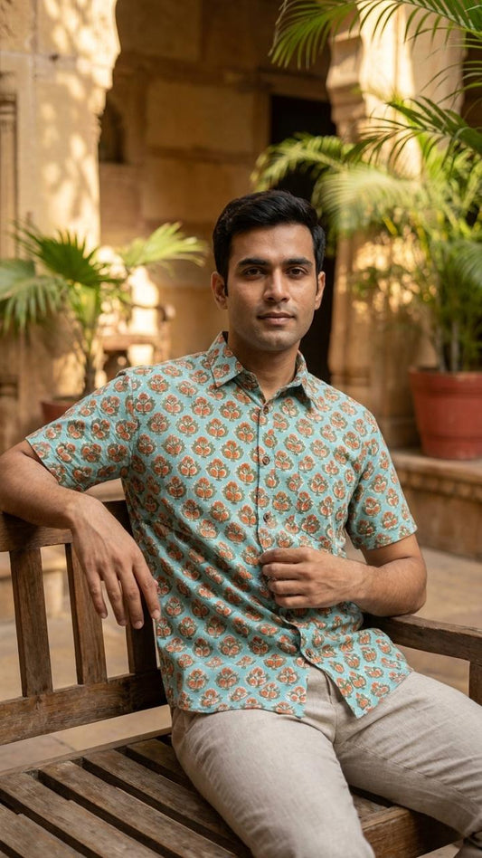 Bagru Print Half Sleeve Handmade Cotton Shirt for Men - Organic