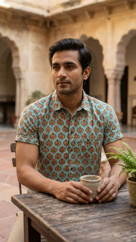 Bagru Print Half Sleeve Handmade Cotton Shirt for Men - Organic