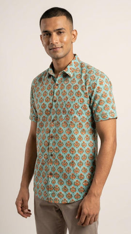 Bagru Print Half Sleeve Handmade Cotton Shirt for Men - Organic