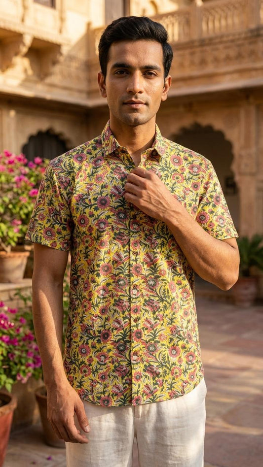 Floral Print Half Sleeve Cotton Shirt for Men - Goa Edit