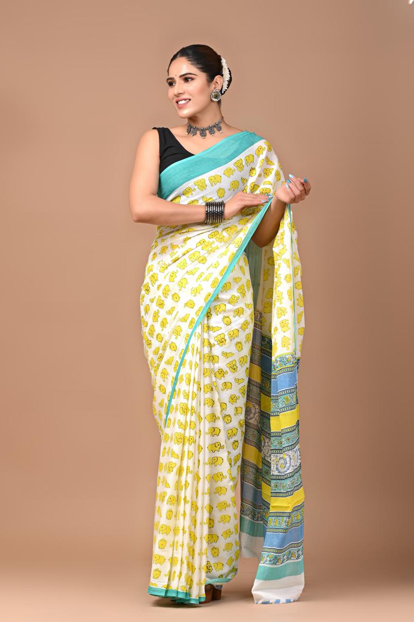 Quirky Block Printed Cotton Mulmul Saree