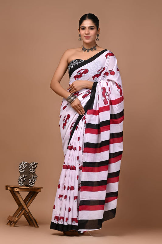 Taxi Print Cotton Handblock Mulmul Saree - Limited Edition