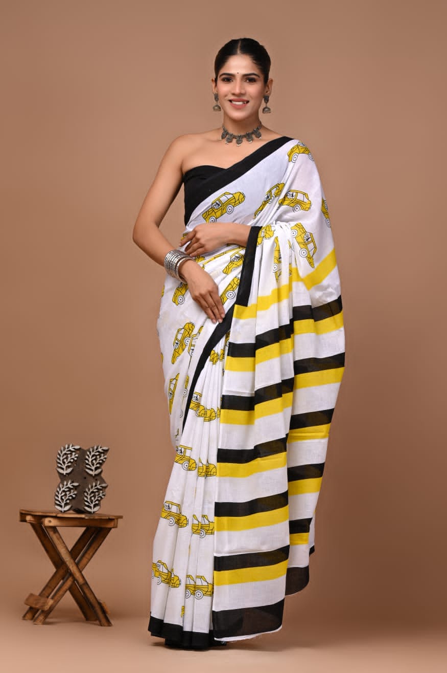 Taxi Print Cotton Handblock Mulmul Saree - Limited Edition
