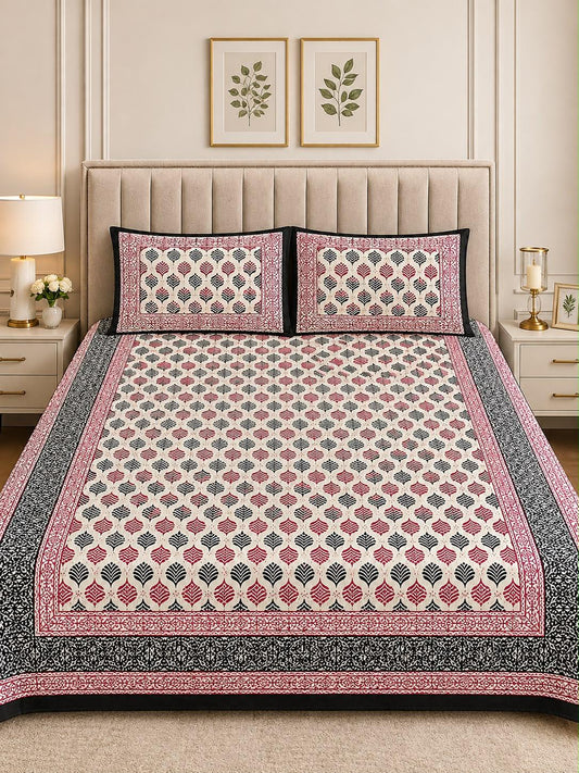 Bagru Print King Size Bedsheet with 2 Reversible pillow cover