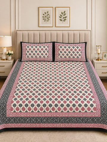 Bagru Print King Size Bedsheet with 2 Reversible pillow cover