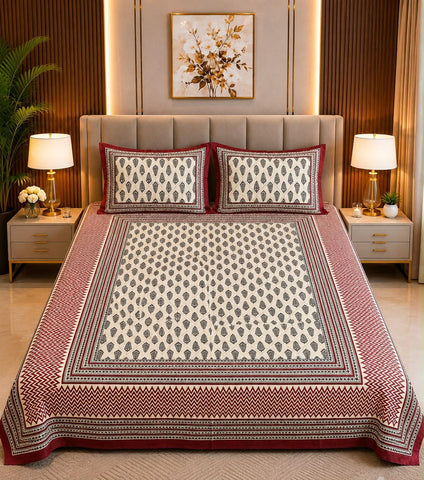 Bagru Print King Size Bedsheet with 2 Reversible pillow cover