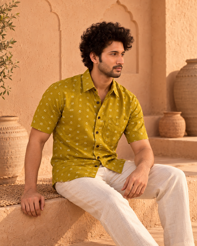 Classic Telugu Script Printed Cotton Half-Sleeve Shirt for men