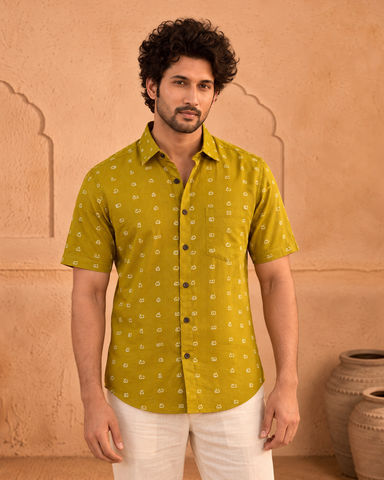 Classic Telugu Alphabets Block Print Cotton Men's Shirt Half