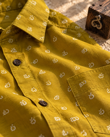 Classic Telugu Script Printed Cotton Half-Sleeve Shirt for men
