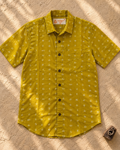 Classic Telugu Script Printed Cotton Half-Sleeve Shirt for men