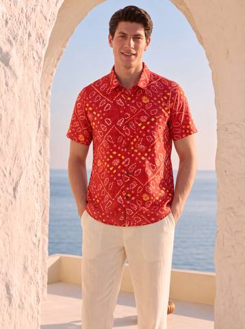 Red Bandhej Print Men's Cotton Shirt by Kartikeya Jaipur