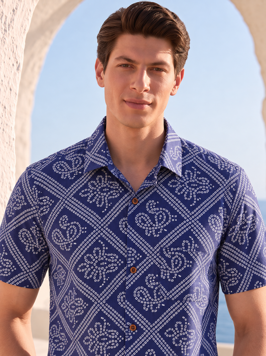 Bandhani Print Half Sleeves Shirt For Men (Blue Zodiac)