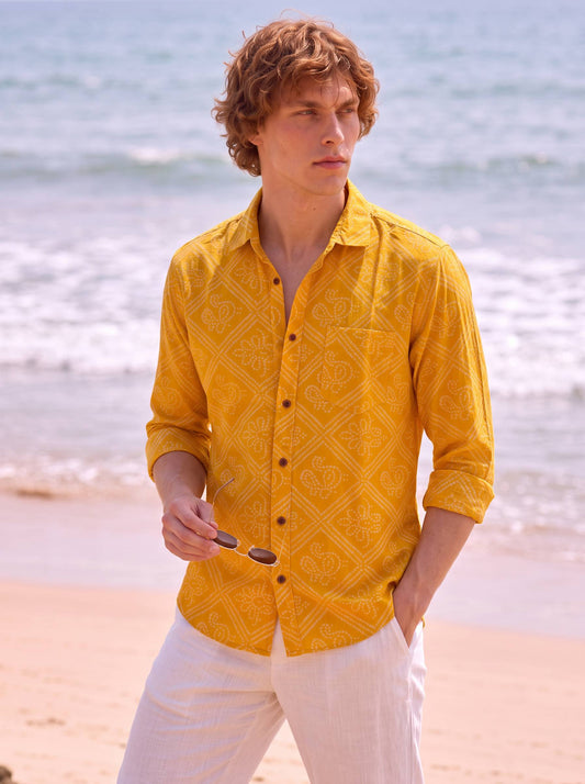 Bandhej Full Sleeves Haldi Shirt For Men ( Yellow )
