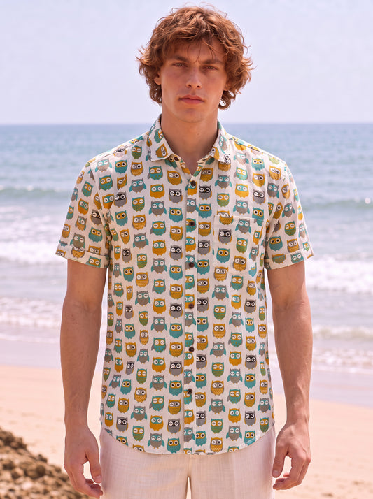 Cute Owl Print Cotton Half Sleeve Men Shirt