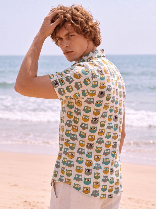 Cute Owl Print Cotton Half Sleeve Men Shirt
