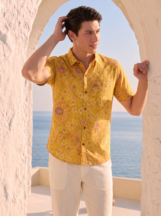 Yellow Bandhej Print Men's Cotton Shirt