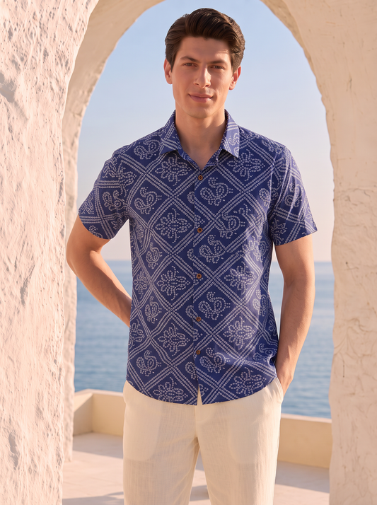 Bandhani Print Half Sleeves Shirt For Men (Blue Zodiac)