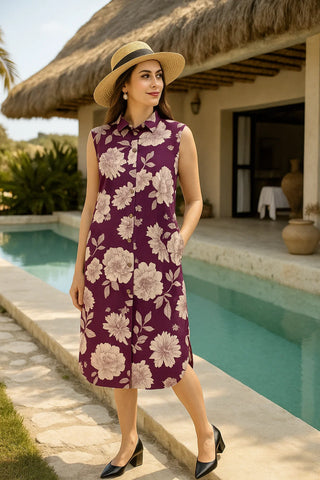 Bold Floral Cotton Long Shirt Dress for Women