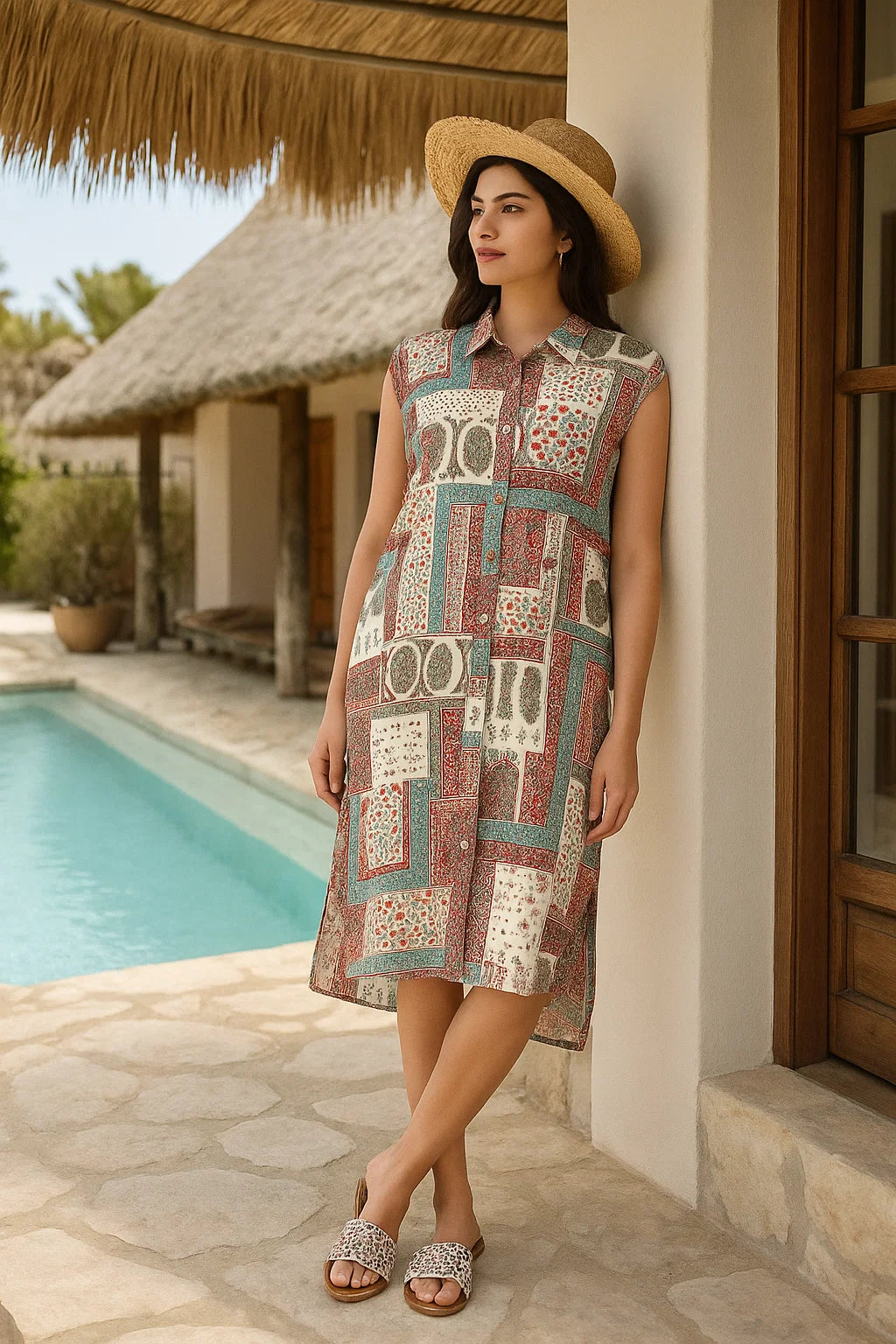 Patch Print Sleeveless Long Shirt Dress for Women