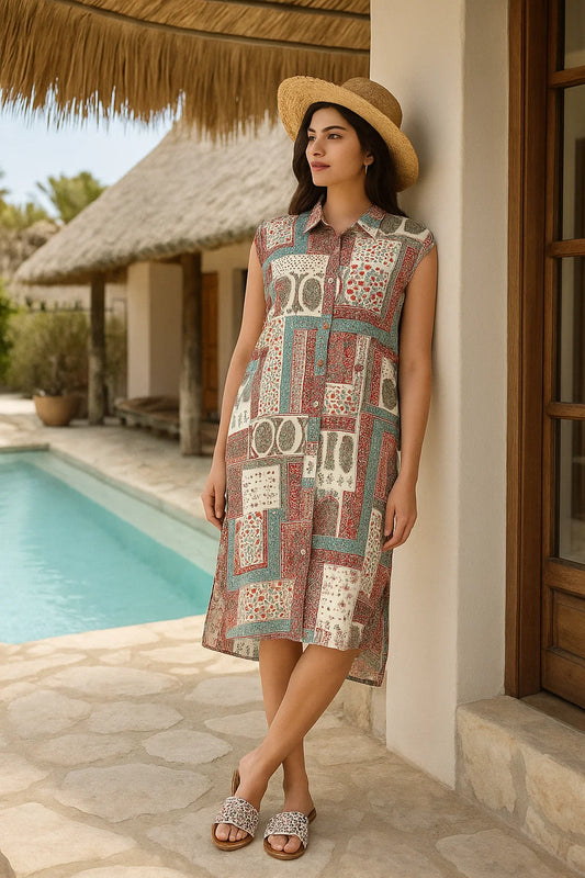 Patch Print Sleeveless Long Shirt Dress for Women
