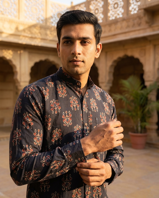 Ajrakh Print Mandarin Collar Cotton Shirt for Men - Black