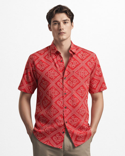 Cotton Half Sleeve Bandhej Print Roka Shirt for Men
