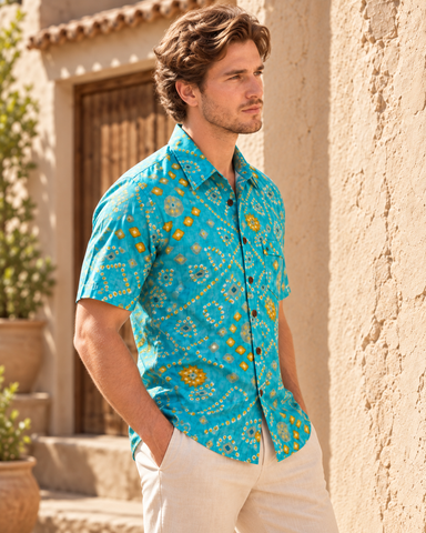 Cotton Half Sleeve Bandhej Print Shirt for Men - Festive Edit