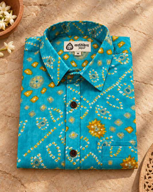 Cotton Half Sleeve Bandhej Print Shirt for Men - Festive Edit