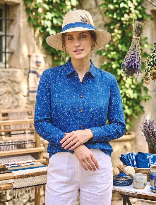 Classic Bandhani Print Indigo Full Sleeves Cotton Shirt for Women