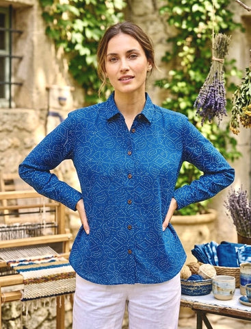 Classic Bandhani Print Indigo Full Sleeves Cotton Shirt for Women