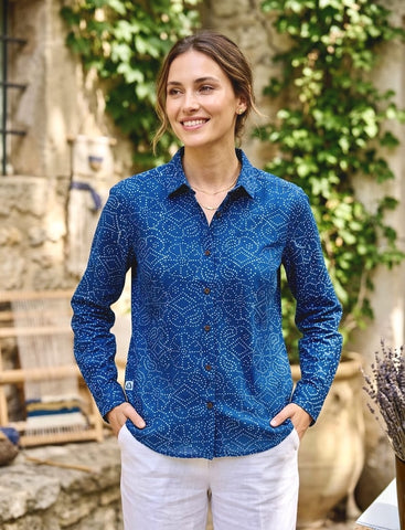 Classic Bandhani Print Indigo Full Sleeves Cotton Shirt for Women