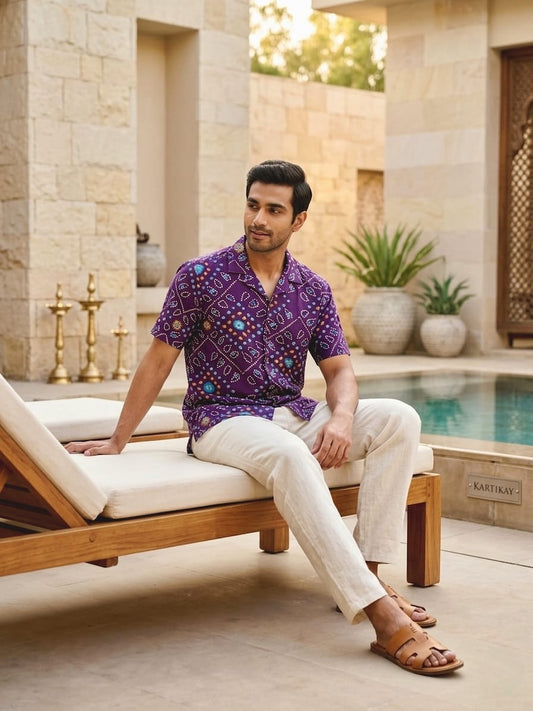 Classic Bandhani Print Cuban Collar Shirt for Men