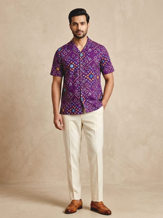 Classic Bandhani Print Cuban Collar Shirt for Men