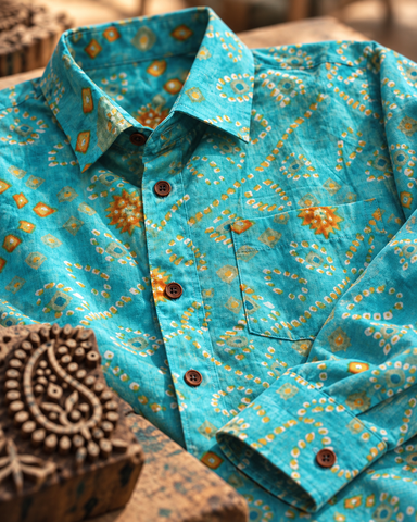 Ethnic Bandhej Print Festive Full Sleeve Turquoise Shirt