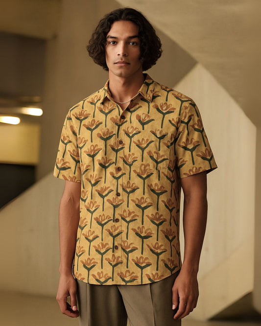 Hand Block Printed Beige Shirt for Men