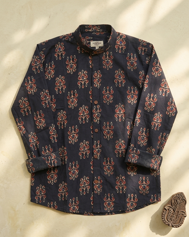 Ajrakh Print Mandarin Collar Cotton Shirt for Men - Black