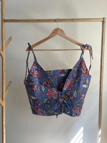 Floral Print Cotton Drawstring Lace Bralette Top