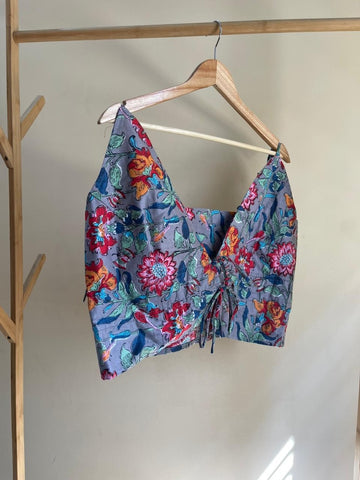 Floral Print Cotton Drawstring Lace Bralette Top
