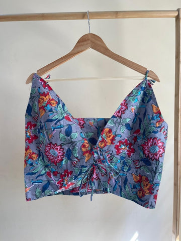 Floral Print Cotton Drawstring Lace Bralette Top
