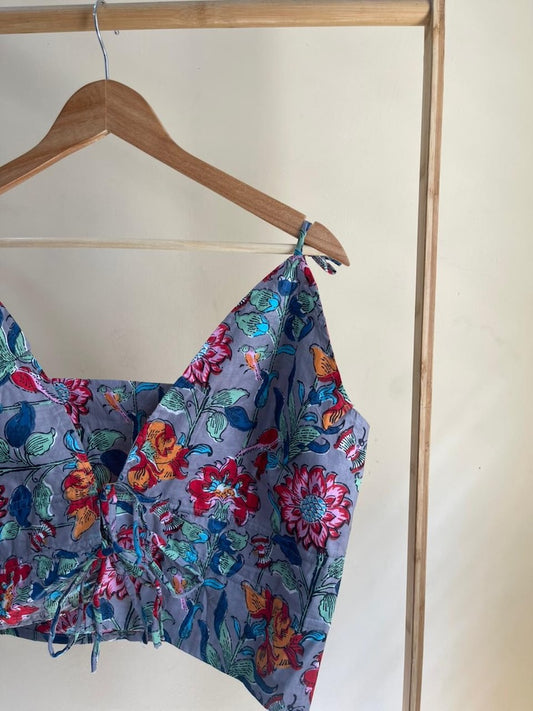 Floral Print Cotton Drawstring Lace Bralette Top
