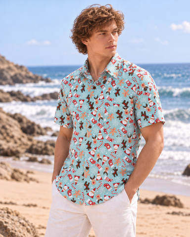 Sky Blue Snowman Print Shirt for Men
