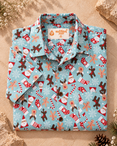 Sky Blue Snowman Print Shirt for Men