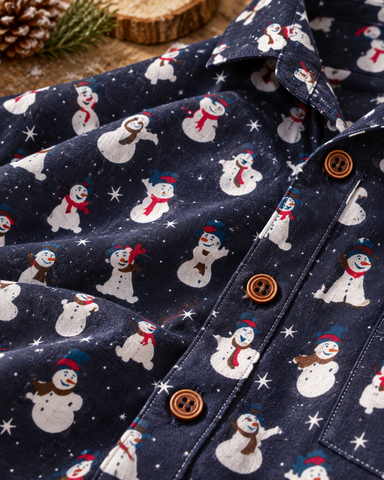 Men's Christmas Snowman Cotton Shirt Blue