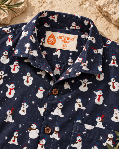 Men's Christmas Snowman Cotton Shirt Blue