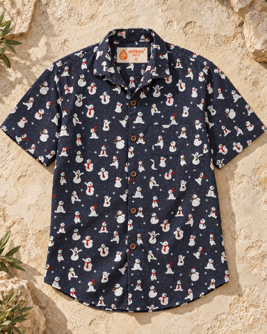Men's Christmas Snowman Cotton Shirt Blue